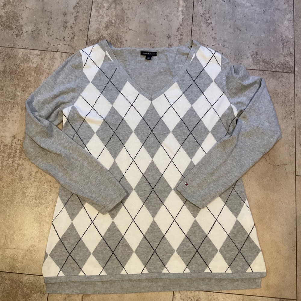 Tommy Hilfiger Women's V-Neck Argyle Sweater Gray Sz L - Picture 5 of 13